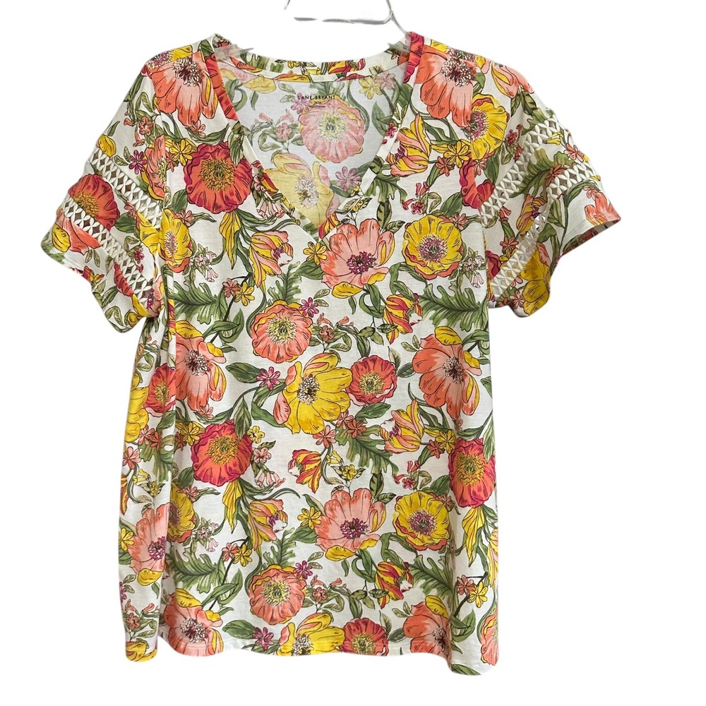 Lane Bryant Orange Yellow Floral V‎ Neck Short Sleeve Top Crochet Sz 14 - 16